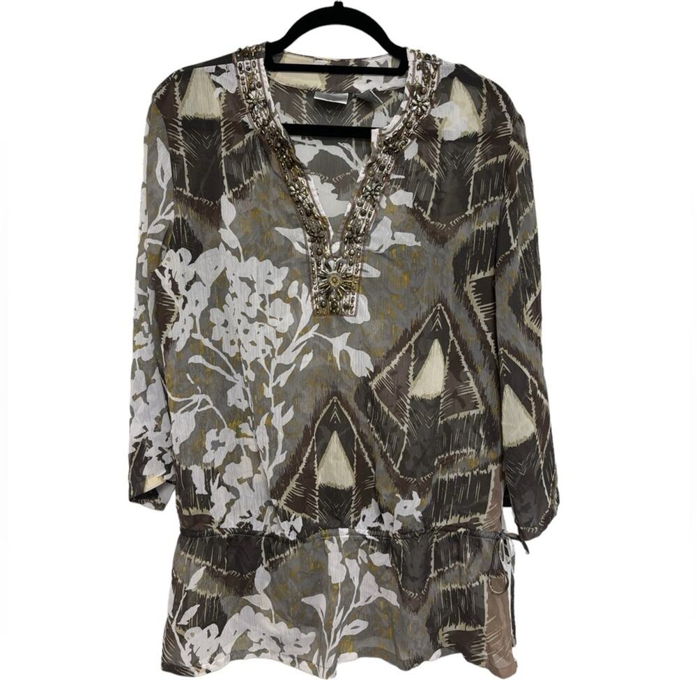 Chico’s Sheer Beaded Popover Longline Blouse - Size 2 (L)